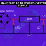 DIY 220V ac to 5V DC converter circuit using 7805 IC with capacitors and LED test load – perfect for Arduino and student projects qkzee