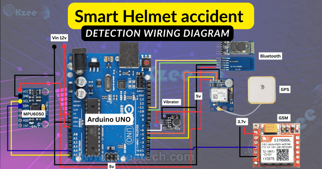 Wiring connections of the Smart Helmet accident detection project.