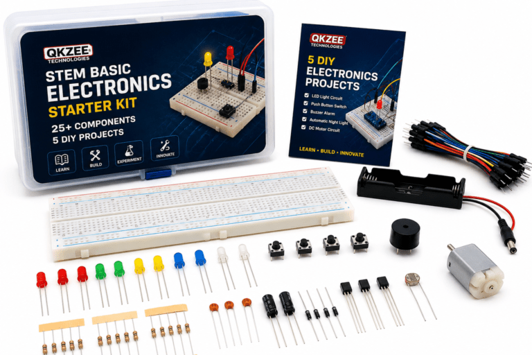 QKZEE STEM Basic Electronics Starter Kit with Breadboard, LEDs, Resistors, Capacitors, Diodes and Transistors for Kids in Pakistan
