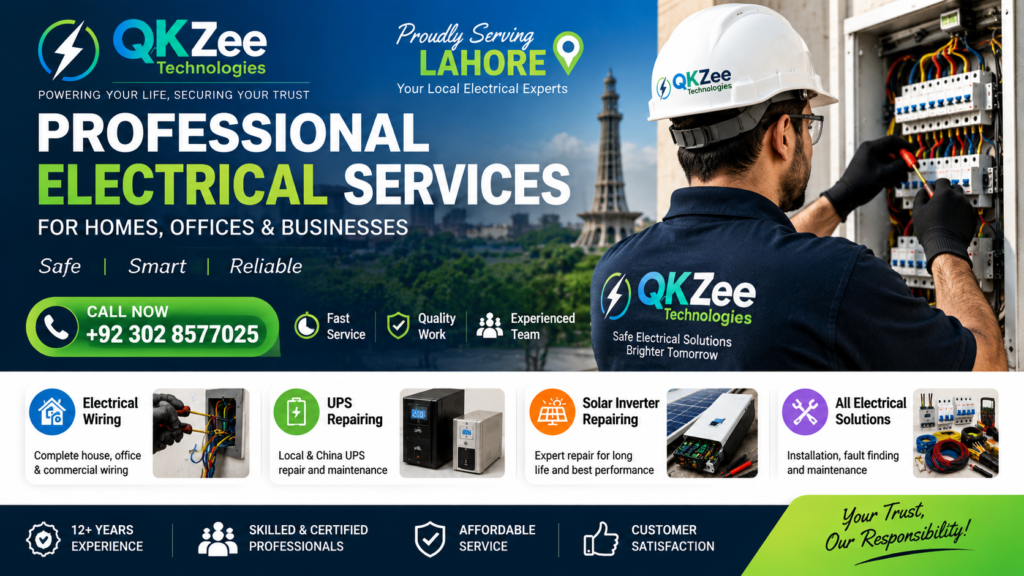 Professional electrical services in Lahore by QKZee Technologies including electrical wiring, UPS repair and solar inverter repair