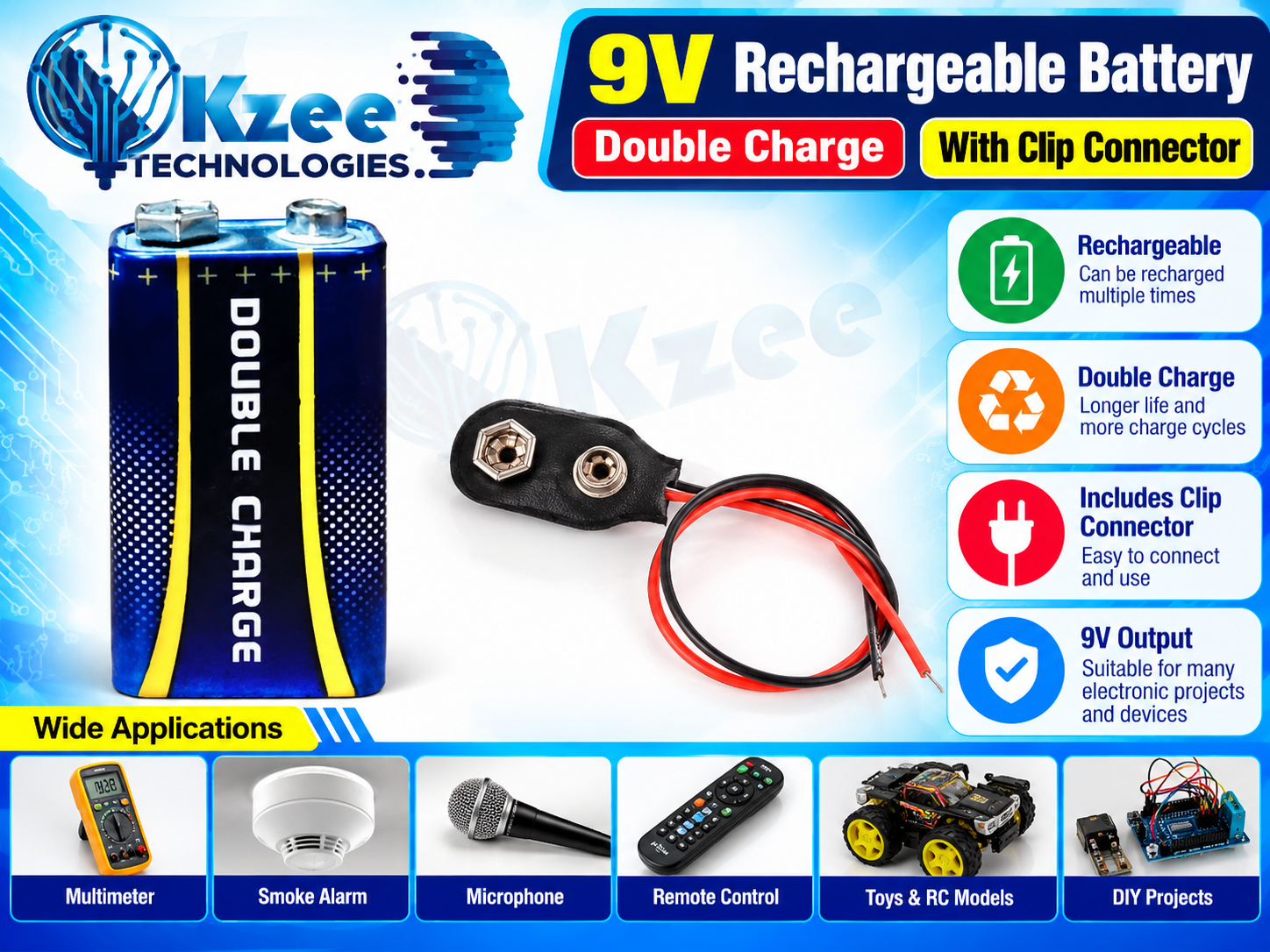 9V rechargeable battery Double Charge with clip connector