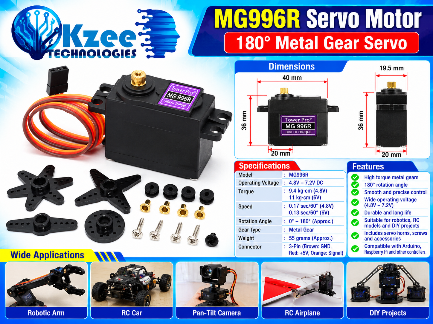 MG996R Metal Gear Servo Motor 180 Degree for Arduino