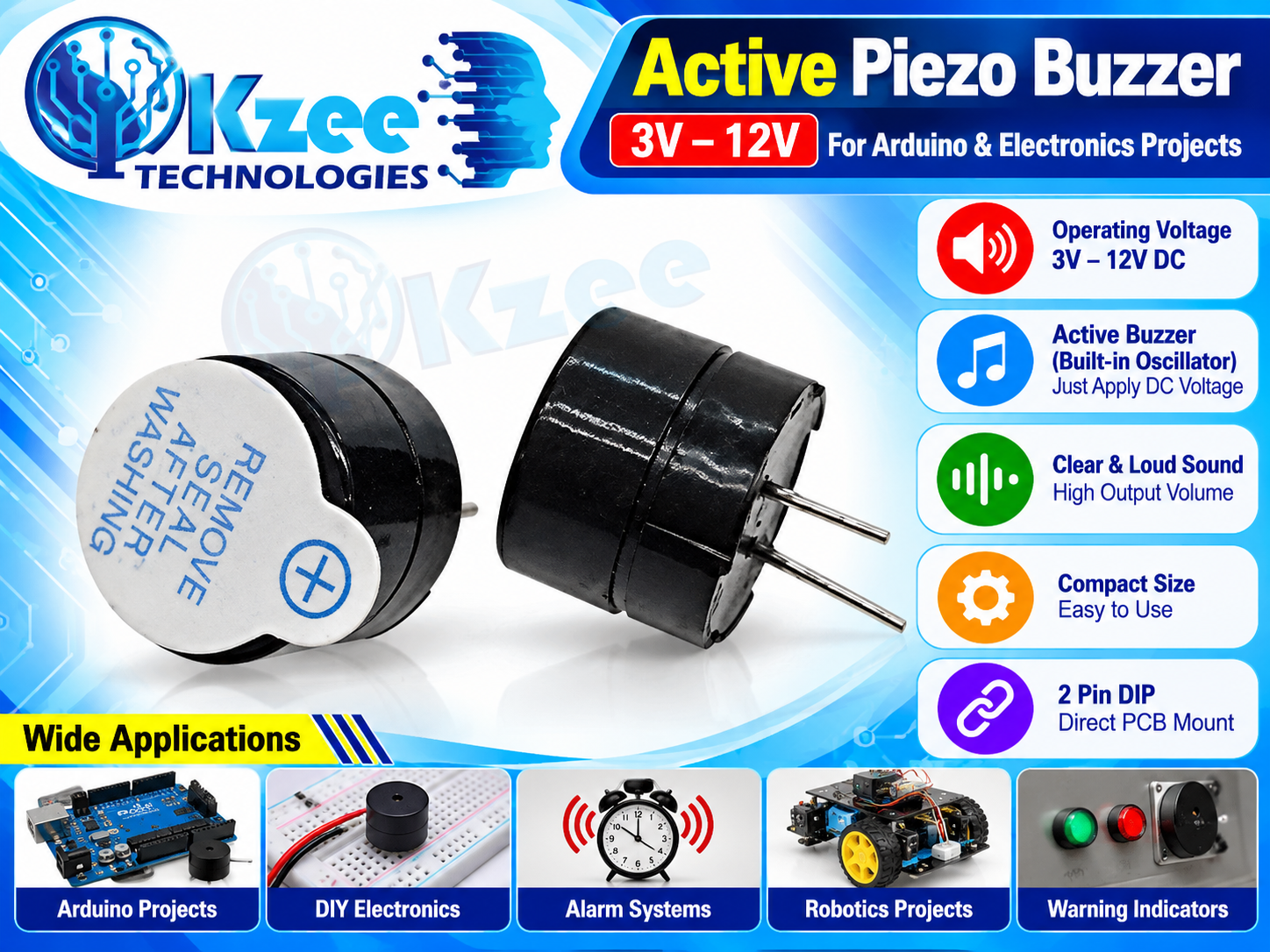 Active piezo buzzer 3V-12V for Arduino and electronics projects