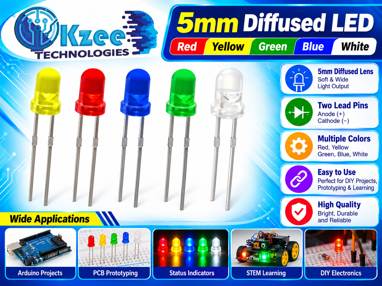 5mm diffused LED light emitting diodes in red yellow green blue and white