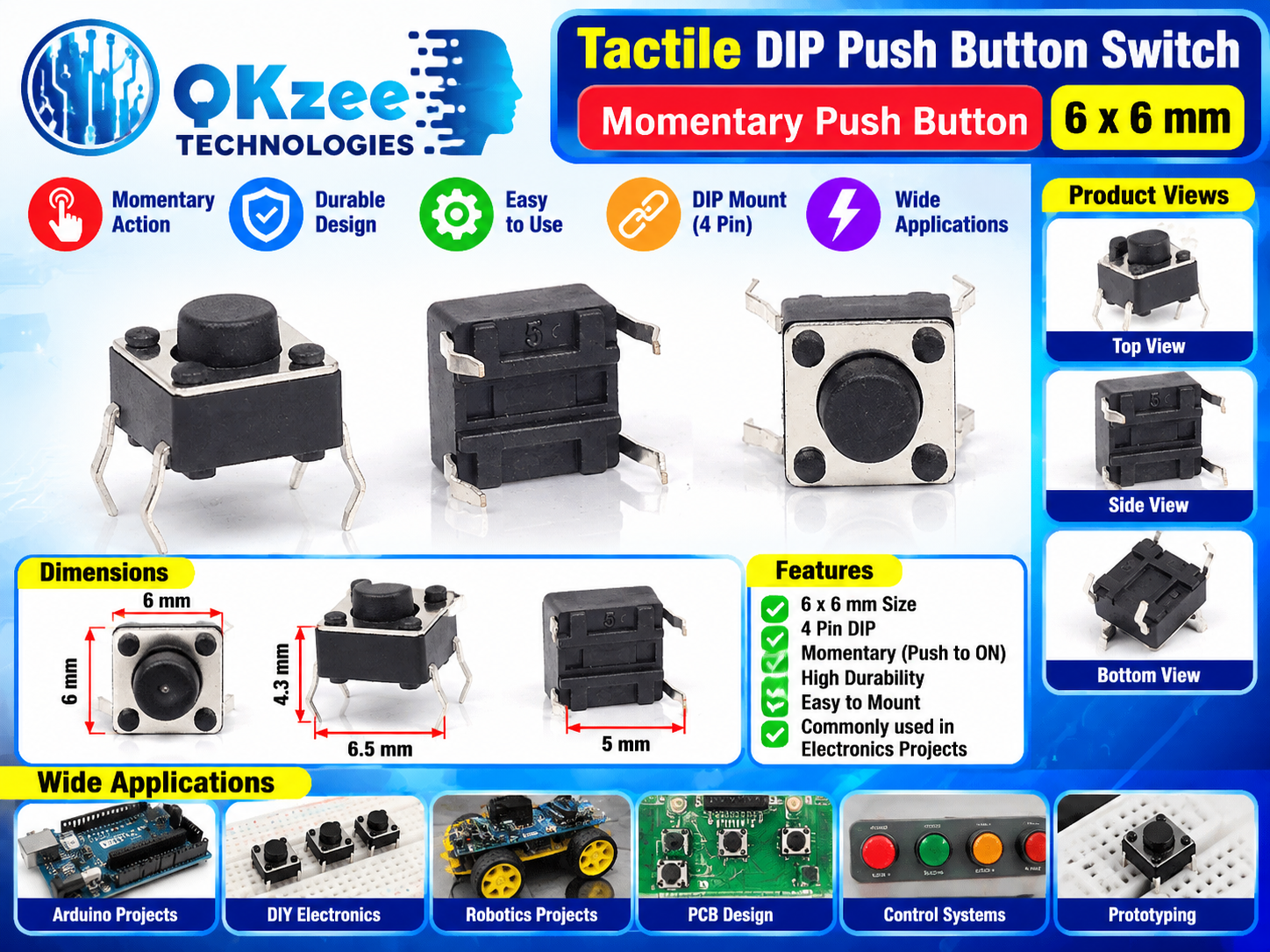 Tactile DIP push button switch 6x6mm momentary 4-pin